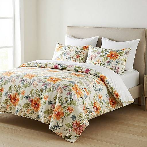 Photograph of a neatly made bed with white pillows and floral-patterned orange, pink, and green duvet, in a bright, sunlit room