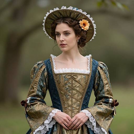 Photograph of a young woman in Renaissance-style dress with intricate gold and blue patterns, lace trim, and a large orange flower in her hair, standing