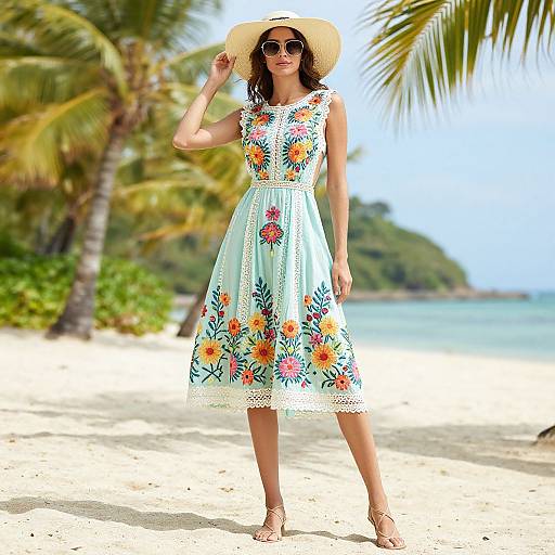 Photograph of a smiling woman in a white floral dress, wide-brimmed hat, and sunglasses, standing on a sunny tropical beach with palm trees
