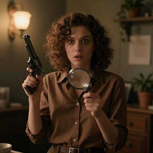 Curly-Haired Sleuth with Revolver and Magnifier