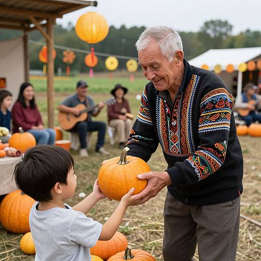 Photograph of an elderly man with white hair, wearing a colorful patterned sweater, handing a pumpkin to a young boy at an outdoor pumpkin patch festival