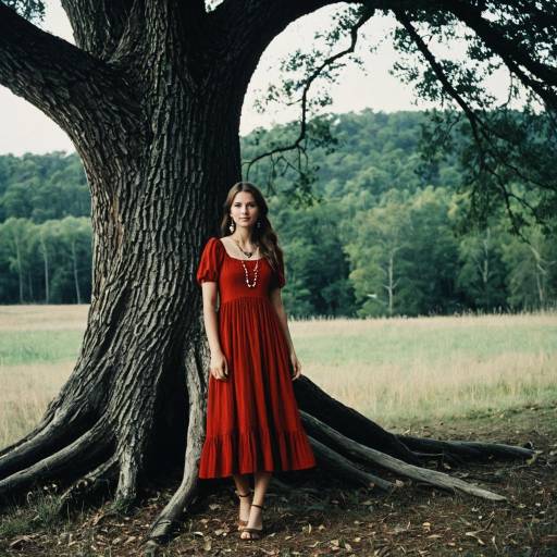 Woman in Red Dress by Large Tree Outdoors