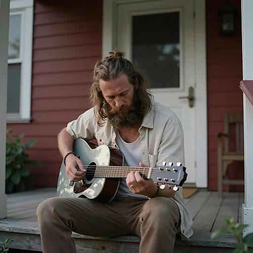 Bearded Man Playing Guitar on Porch
