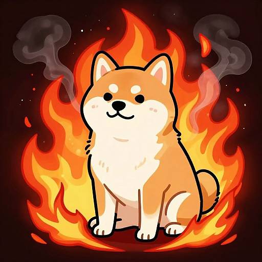 Cute digital illustration of an orange and white Shiba Inu sitting in bright, fiery flames with black smoke rising.