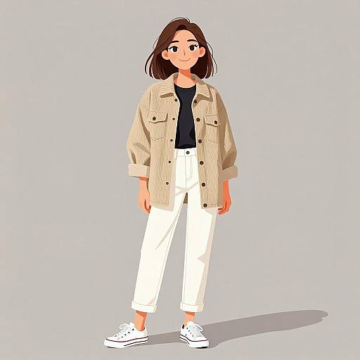 Digital illustration of a young woman with light brown hair, wearing a beige corduroy jacket, black top, white pants, and white sneakers, standing