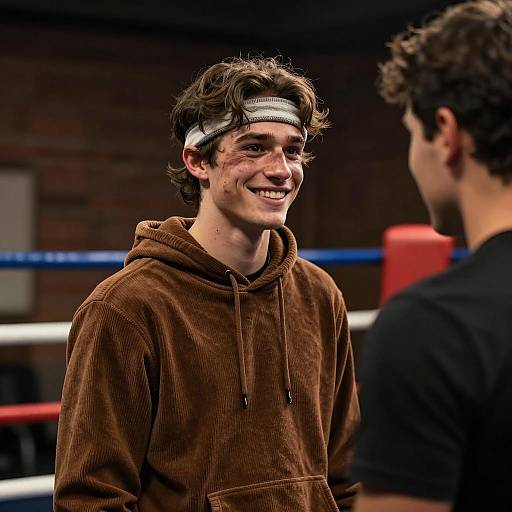 Smiling Boxer in Dimly Lit Gym