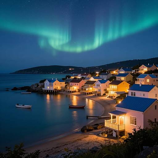 Photograph of a coastal village at night with glowing aurora borealis, brightly lit houses, calm water, and small boats.