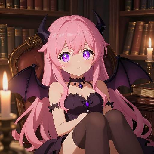 Digital anime-style drawing of a pink-haired, purple-eyed girl with black bat wings, wearing a black gothic dress and thigh-high socks, sitting in
