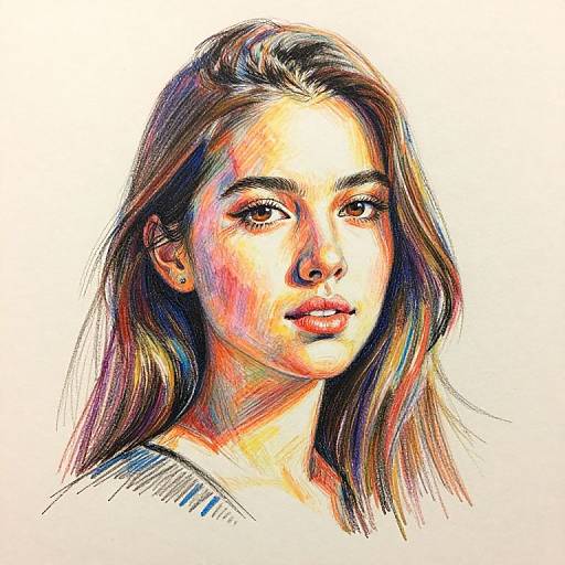 Colorful digital drawing of a young woman with long brown hair, light skin, and soft brown eyes, wearing a white top, against a white background