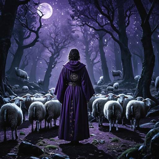 Mage in Enchanted Forest with Ghostly Sheep Mage in Enchanted Forest with Ghostly Sheep