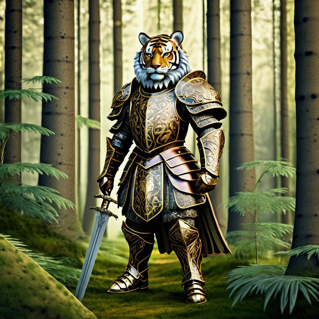 Tiger in Medieval Armor in Enchanted Forest