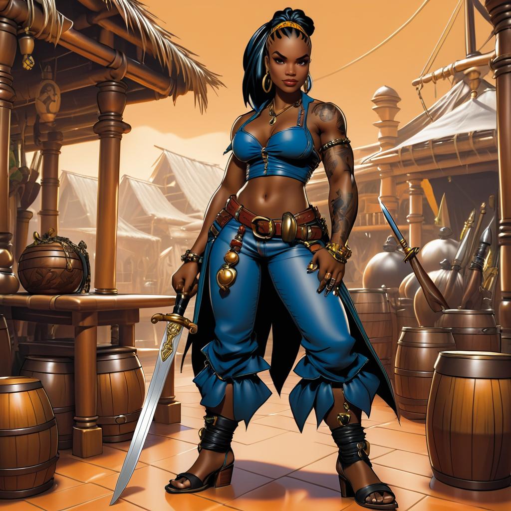 Confident African Woman Pirate in Tavern