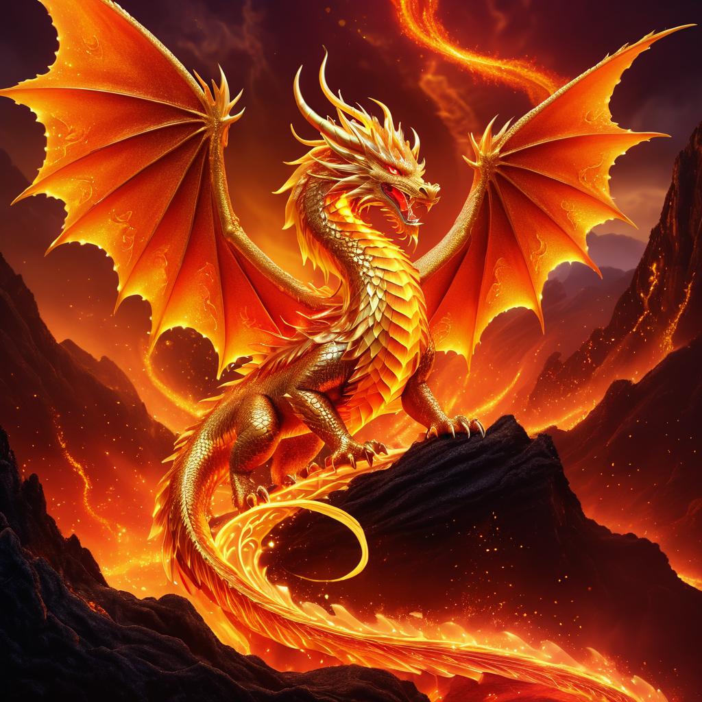 Majestic Golden Dragon in Volcanic Realm