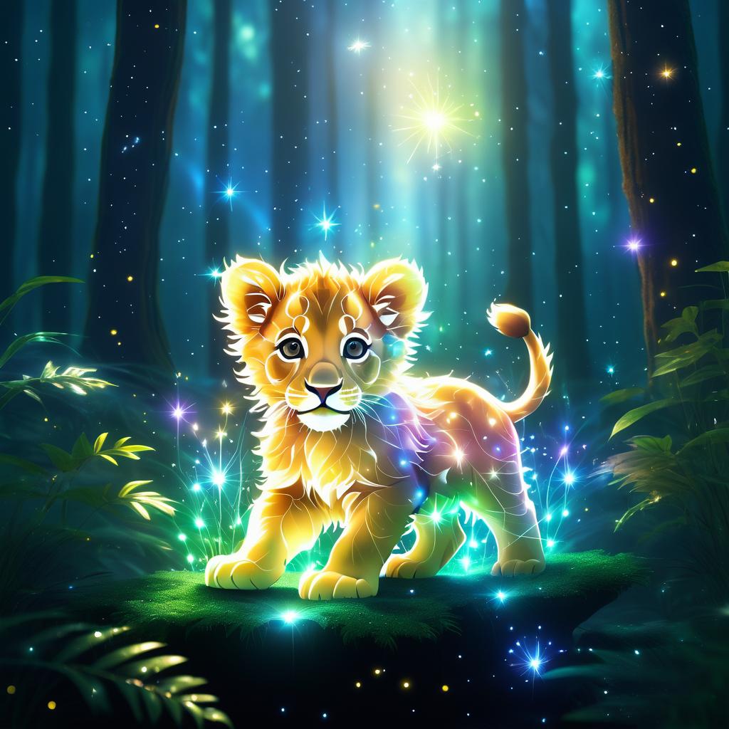 Ethereal Baby Lion in Mystical Forest