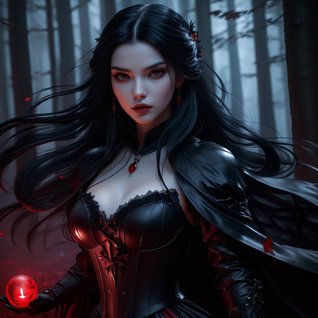 Elegant Vampire Girl in Dark Forest