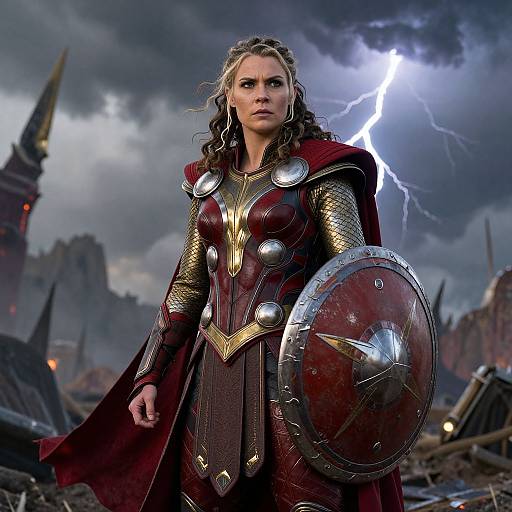 Photograph-style CGI of a fierce, long-haired warrior woman in red and gold armor, holding a shield, standing against a stormy sky with lightning