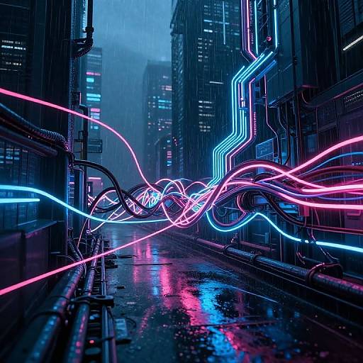 Neon light trails in vibrant pink, blue, and purple wrap around a rainy, cyberpunk city street with towering buildings. Photograph.
