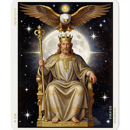 Illustration of a bearded king with golden crown, white and gold robe, holding a staff, seated on a throne with a bald eagle perched