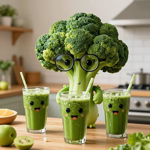 Photograph of three green smoothies with broccoli heads wearing glasses, smiling faces, and green straws, on a wooden kitchen counter.