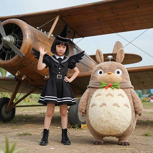 Photograph of an Asian girl in a black sailor dress and hat, standing beside a plush penguin mascot, in front of a vintage wooden airplane on