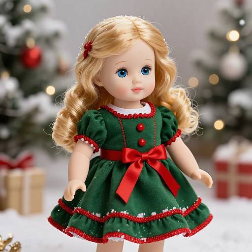 Photograph of a blonde doll with blue eyes, wearing a green Christmas dress with red buttons and bow, set against a snowy, festive background with blurred