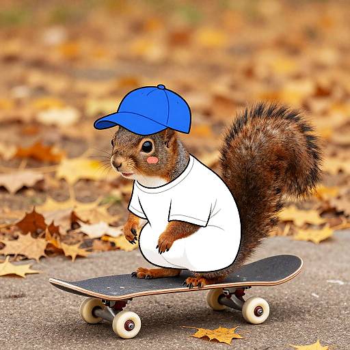 Clothed Squirrel Skateboarding in Autumn