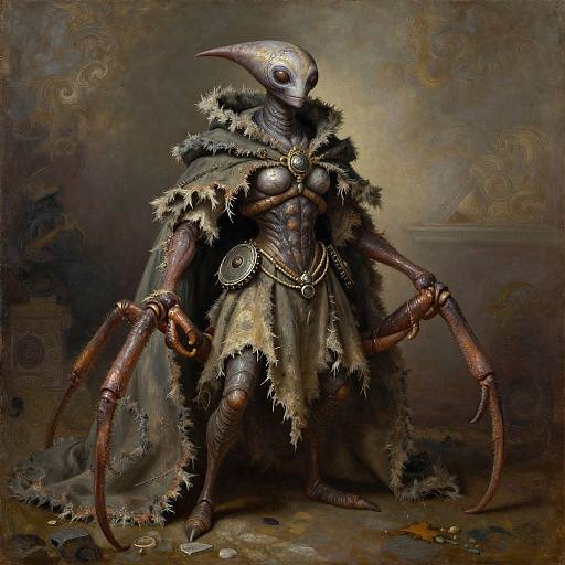 Digital fantasy artwork of a humanoid creature with a bird-like head, armored chest, fur cloak, and large, clawed, segmented arms. Dark,