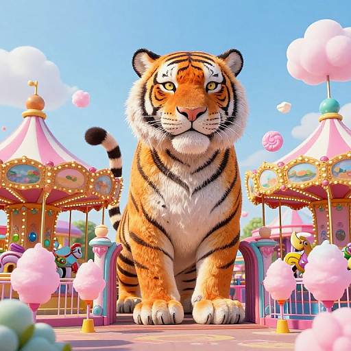Digital illustration of a massive, realistic tiger standing on a colorful carnival ride with pink balloons, bright blue sky, and ornate carousels in the