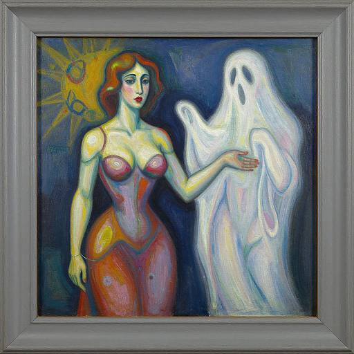 Painting of a red-haired woman in a pink corset holding a glowing white ghost against a dark blue background, framed in gray.