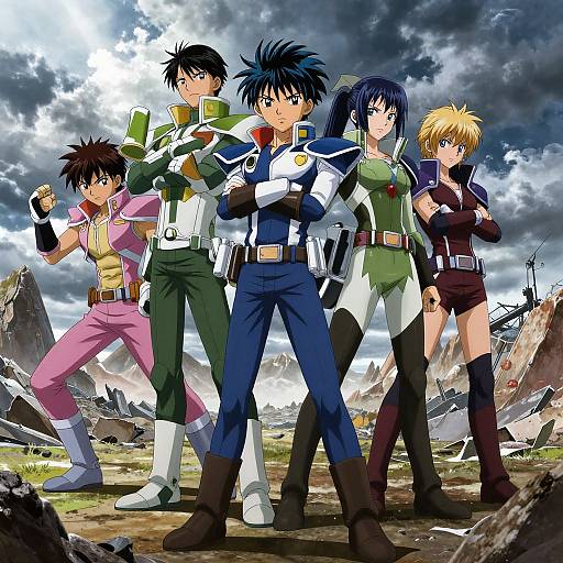 Anime-style digital artwork of five warriors with diverse outfits standing confidently in a post-apocalyptic landscape with a stormy sky.