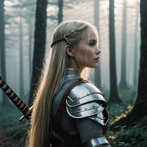 Young Blonde Woman in Medieval Armor with Katana in Misty Forest