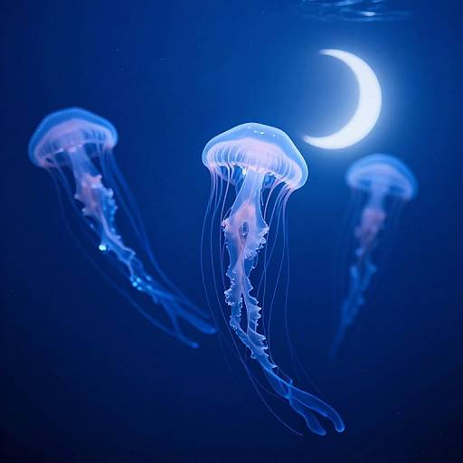 Photograph of glowing blue jellyfish floating in dark blue water with a bright crescent moon in the upper right.