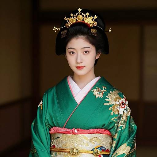 Regal Woman in Green and Gold Kimono