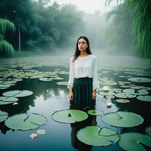 Woman Standing in Lily Pond with Closed Eyes