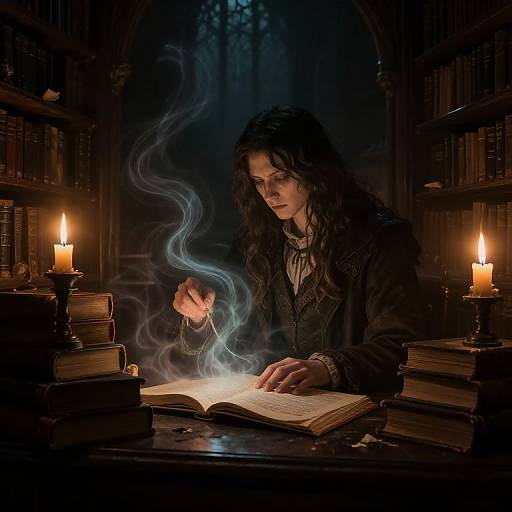 Mysterious woman with long dark hair in a dimly lit, candle-lit library, casting a blue magical spell from an open book.