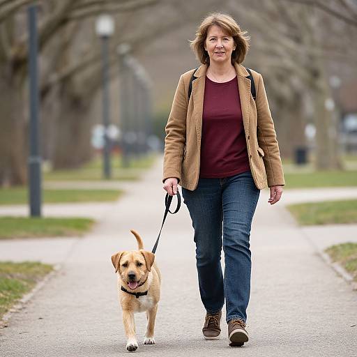 Joyful Middle-Aged Woman Walking Dog