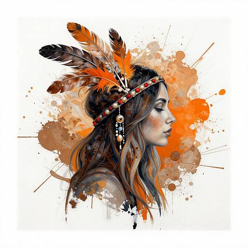 Digital art of a Caucasian woman with long brown hair, wearing a red and orange feathered headband, set against an abstract orange and brown splatter