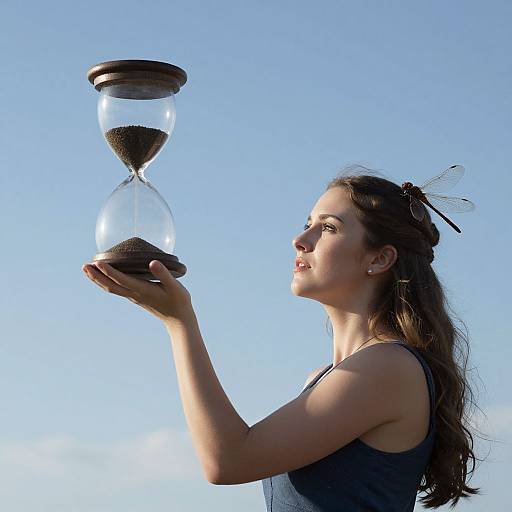 Photograph of a young woman with long brown hair, wearing a black tank top, holding an hourglass against a clear blue sky.