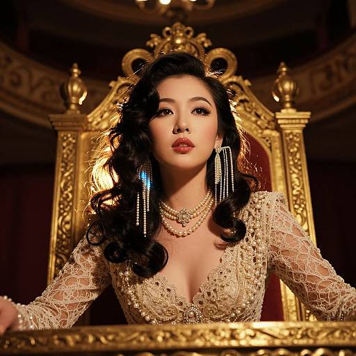 Photograph of an Asian woman with long, wavy black hair, wearing a gold-embellished, deep V-neck dress and dangling earrings,
