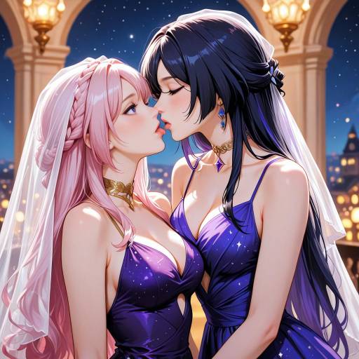 Playful Yuri Embrace Under Starry Night