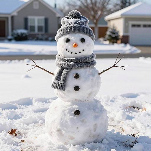 Photograph of a charming snowman with a gray knit hat and scarf, black buttons, and twig arms, standing in a sunlit snowy yard with