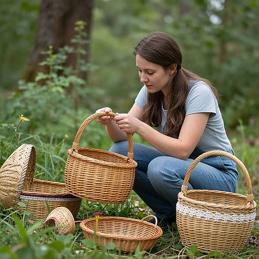 Woman Inspecting Handmade Wicker Baskets