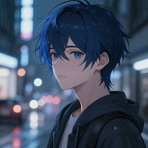 Anime-style digital drawing of a blue-haired, blue-eyed young man in a black hoodie, standing in a rainy, neon-lit urban street at night