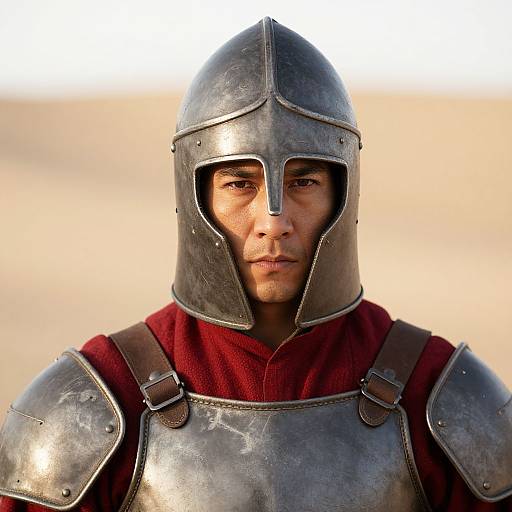 Photograph of a serious, handsome man in medieval-style silver armor with a red tunic, wearing a metal helmet, against a blurred, sunlit