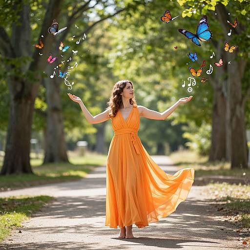 Photograph of a curly-haired woman in an orange, flowing dress, standing on a sunlit forest path, summoning colorful butterflies with her outst