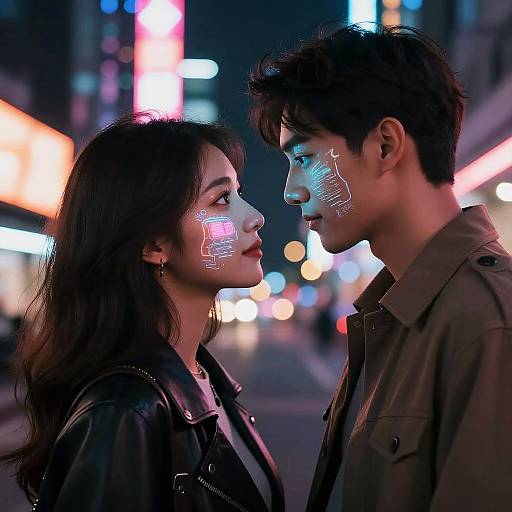 Photograph: Night city street, illuminated neon signs, young Asian couple with glowing digital face patterns, facing each other, dark leather jackets.