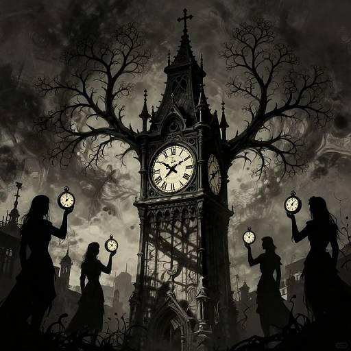 Digital illustration of a Gothic-style clock tower with eerie, leafless trees, silhouetted figures holding glowing lanterns against a stormy sky.