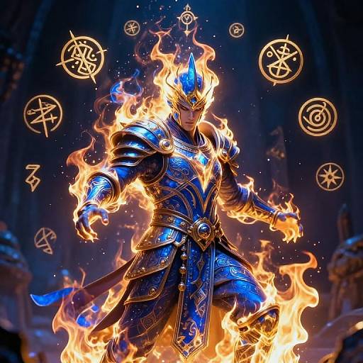 Digital artwork of a blazing, blue-armored warrior with glowing runes surrounding him, engulfed in bright, fiery flames in a dark, mystical forest.