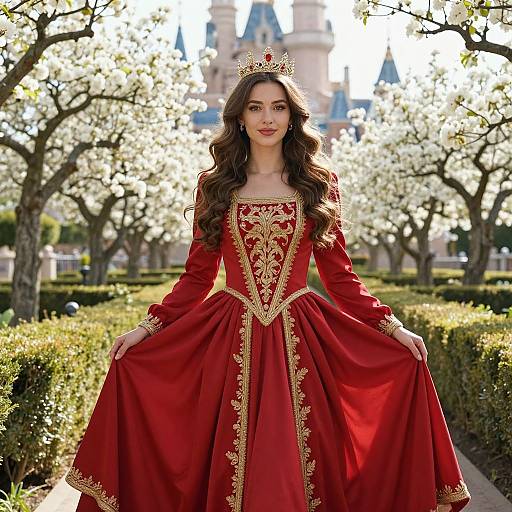 Photograph of a young woman with long brown hair, wearing a red and gold ornate gown, tiara, standing in a sunlit garden with