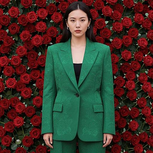 Photograph of an East Asian woman in a green, patterned suit standing against a dense background of vivid red roses.